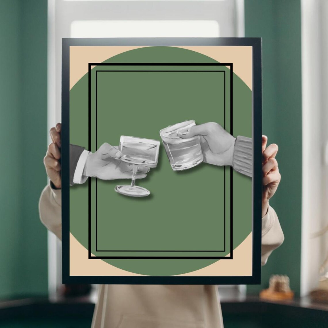 Whiskey Cheers Green Minimalist Cocktail Toast Bar Decor Poster