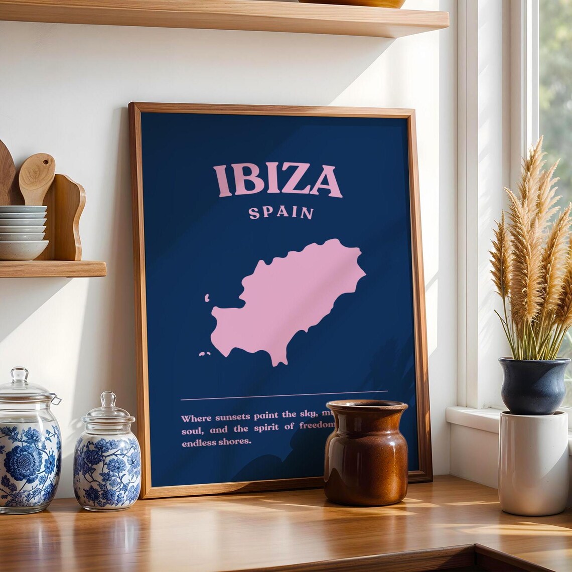 Ibiza Spain Island Map Silhouette Navy and Pink Travel Art Poster