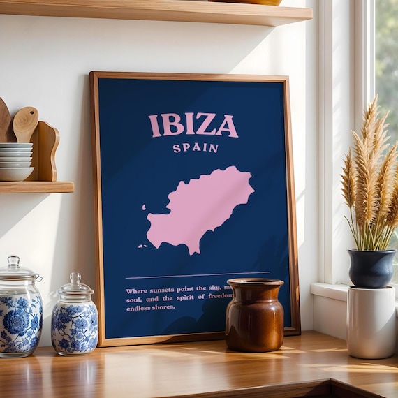 Ibiza Spain Island Map Silhouette Navy and Pink Travel Art Poster
