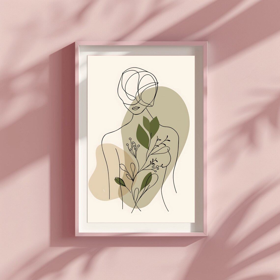 Abstract Beige Line Art Woman with Green Branch Minimalist Poster - Image 3