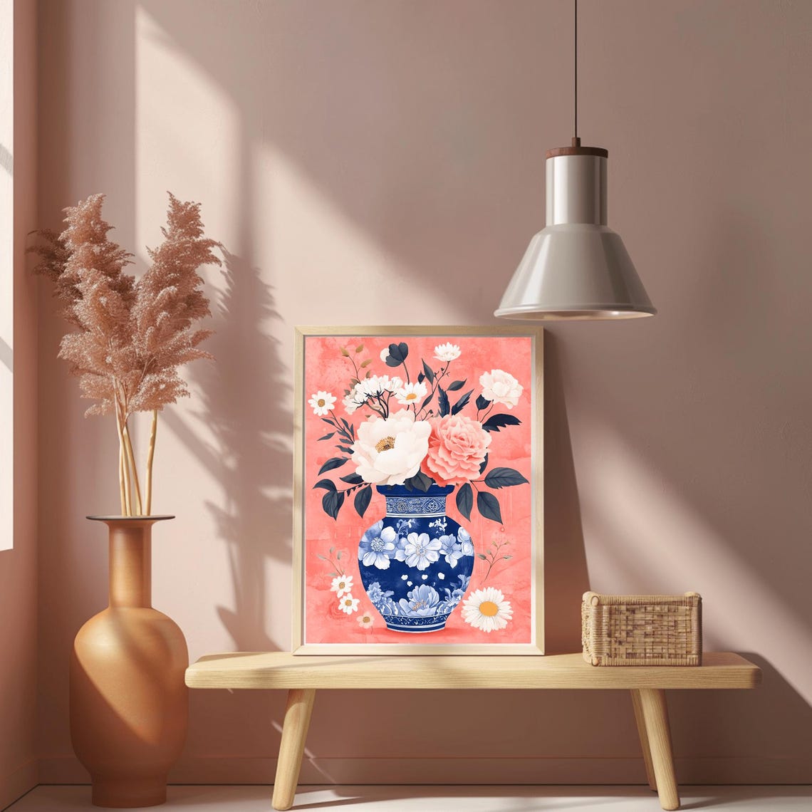Navy Floral Vase with Peonies on Coral Watercolor Art Poster - Image 2
