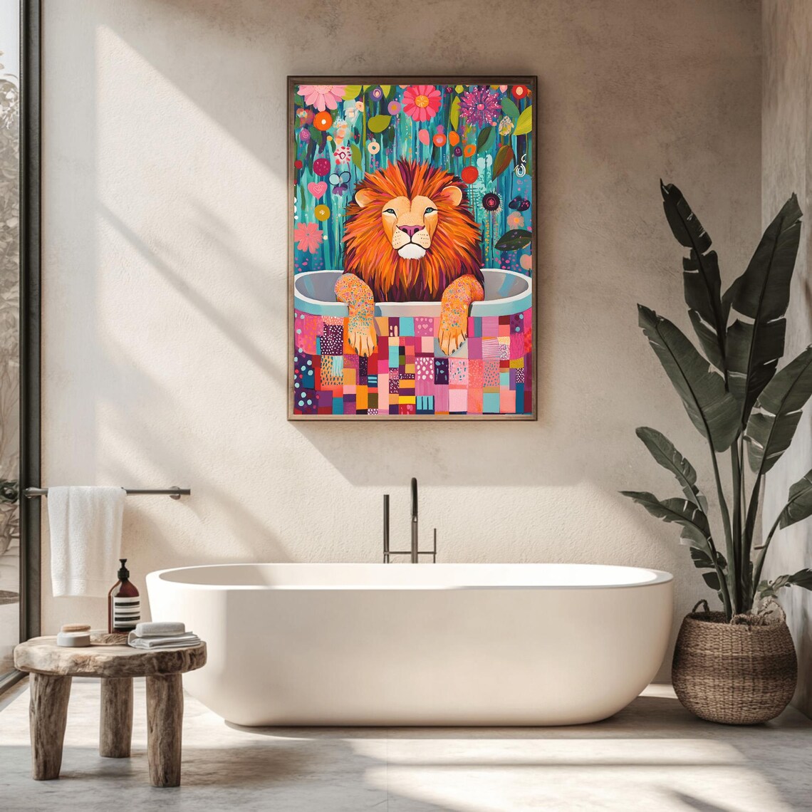 Colorful Lion Lounging in Bathtub Floral Jungle Bathroom Art Poster - Image 2