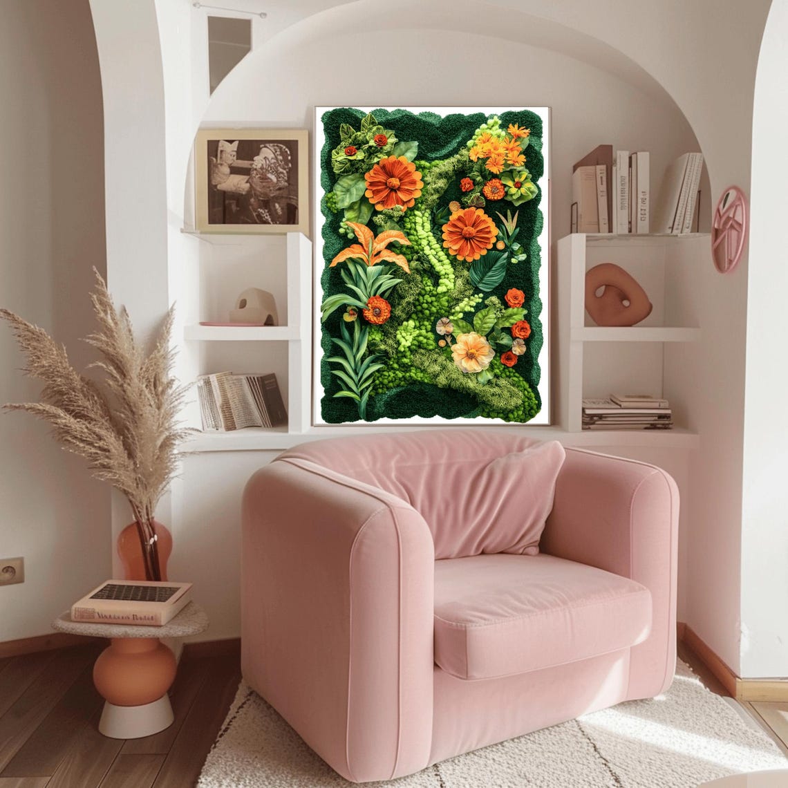 Fiery Orange Marigolds on Lush Green Moss Maximalist Wall Poster - Image 3
