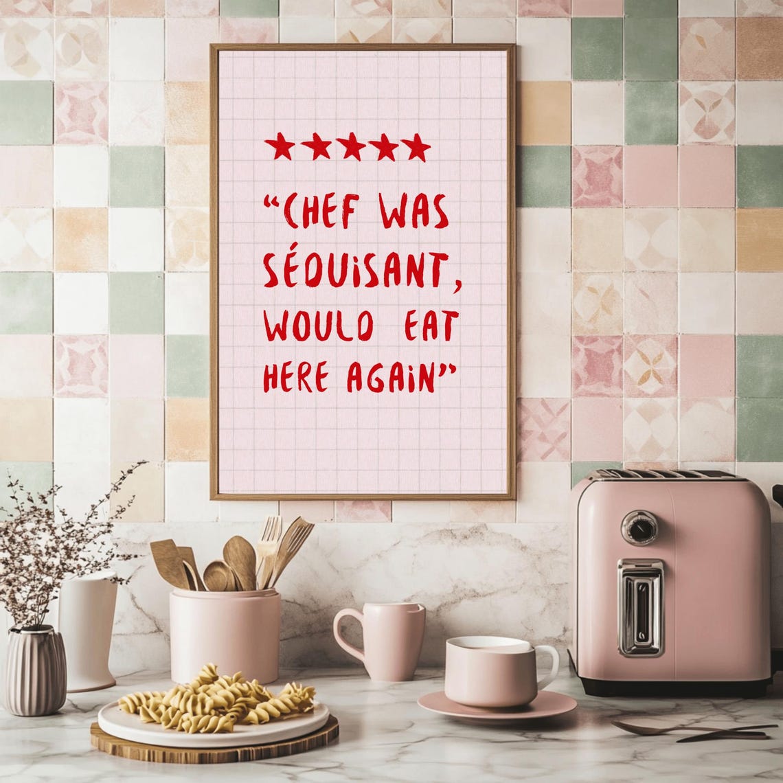 Chef Was Séduisant Five Star Review Red Letter Grid Kitchen Poster - Image 2