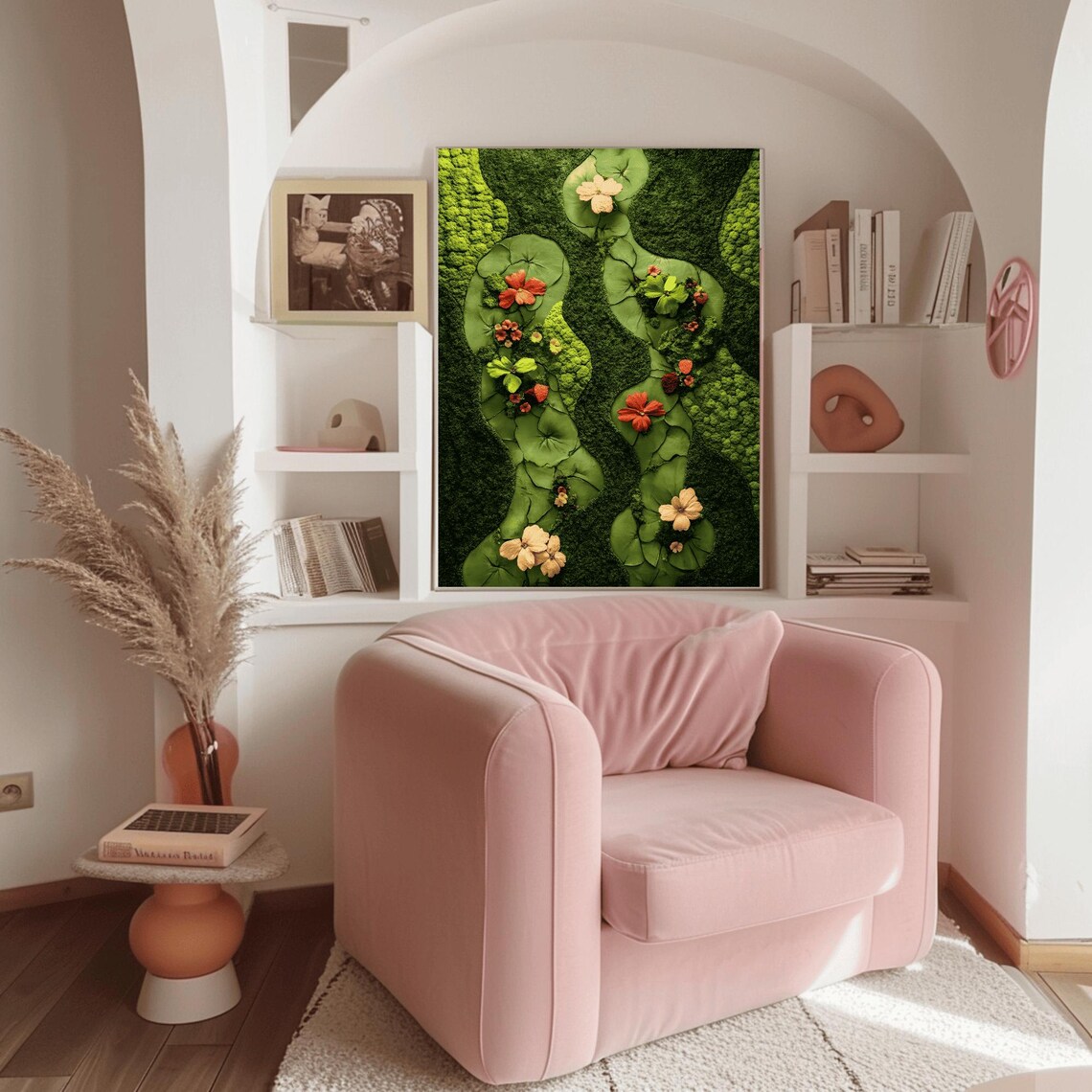 Winding Lily Pads and Red Flowers on Green Moss Living Wall Poster - Image 3