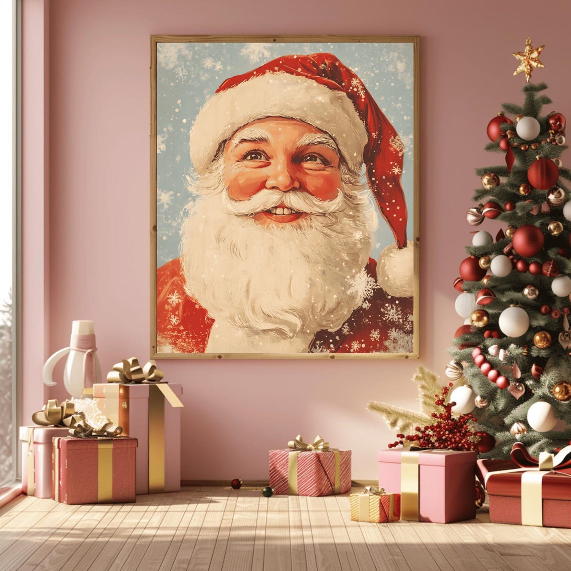 Vintage Winking Santa Claus Portrait Falling Snow Christmas Poster - Image 3