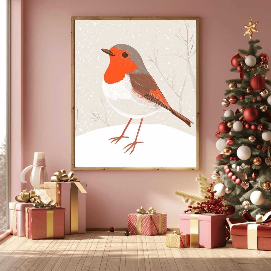 European Robin Redbreast Standing in Falling Snow Winter Poster - Image 3