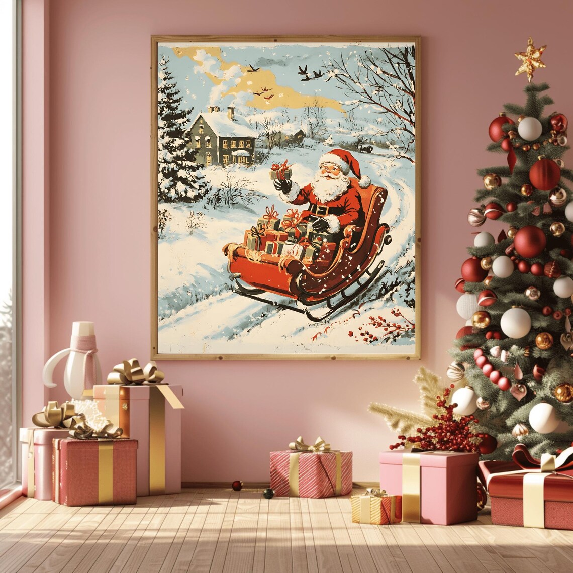 Classic Vintage Santa Waving from His Red Sleigh in the Snow Poster - Image 3