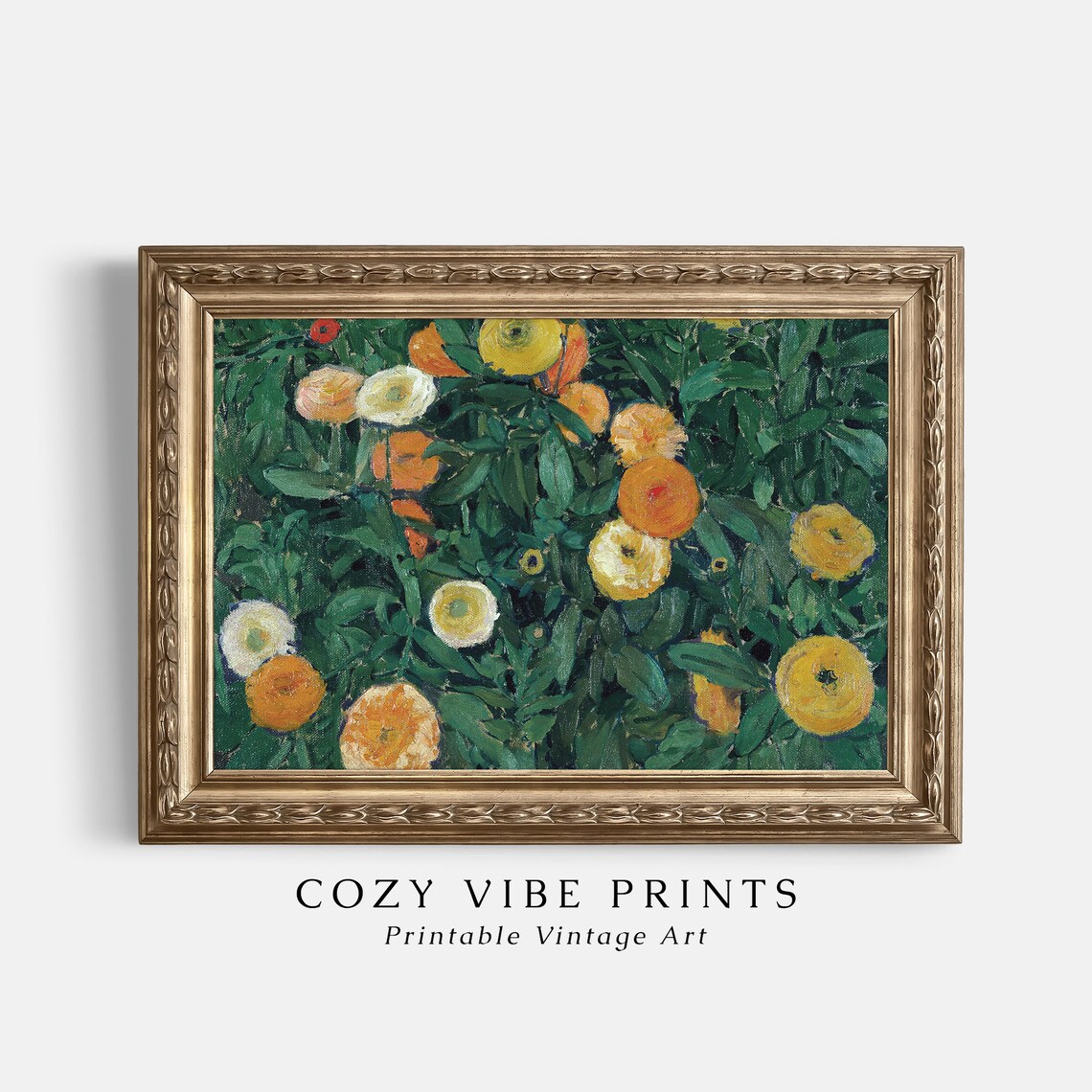 Vintage Marigold Flower Bed Bold Orange Blooms Oil Painting Poster - Image 2