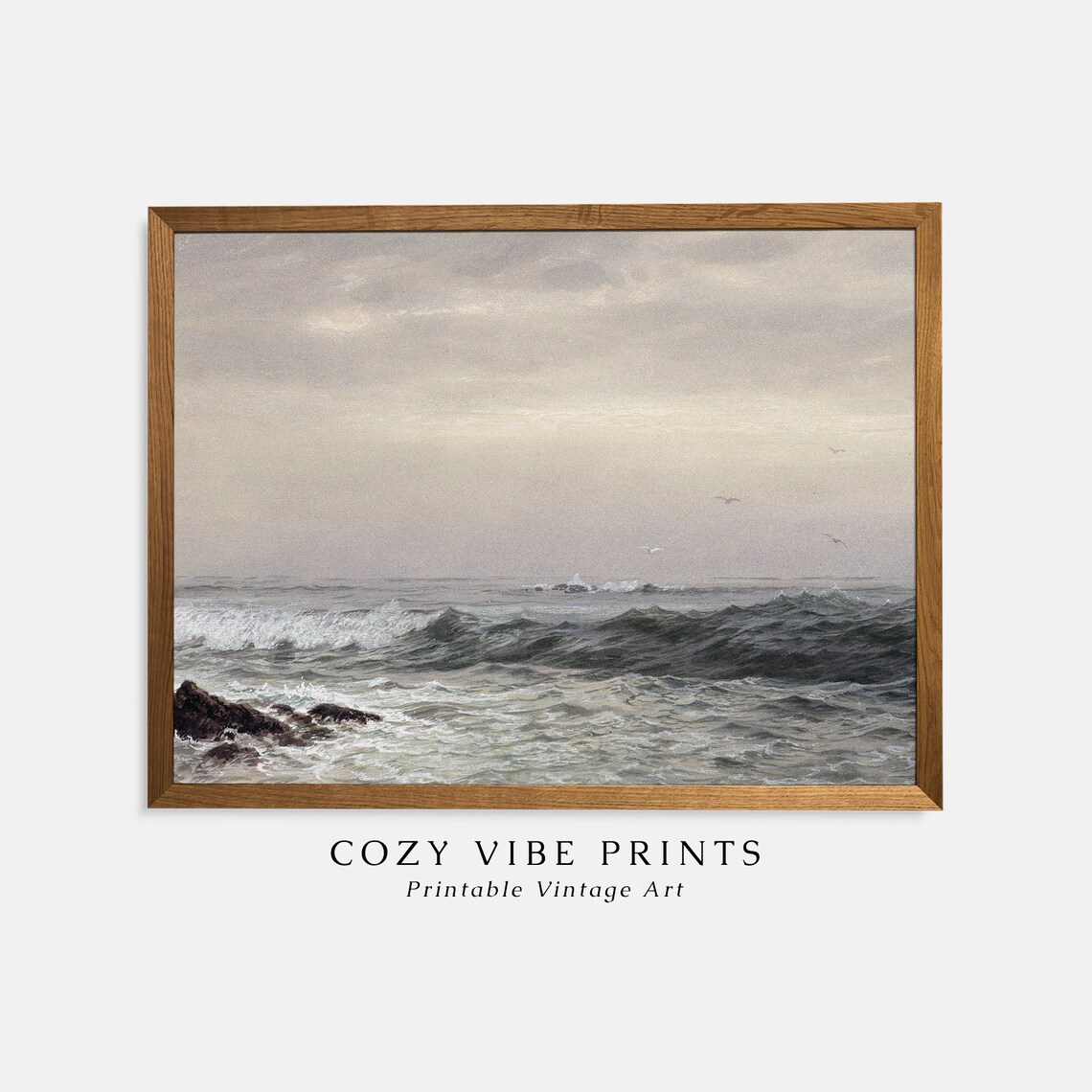 Vintage Moody Seascape Oil Painting Ocean Waves Coastal Poster