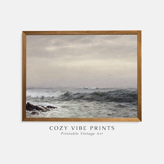 Vintage Moody Seascape Oil Painting Ocean Waves Coastal Poster