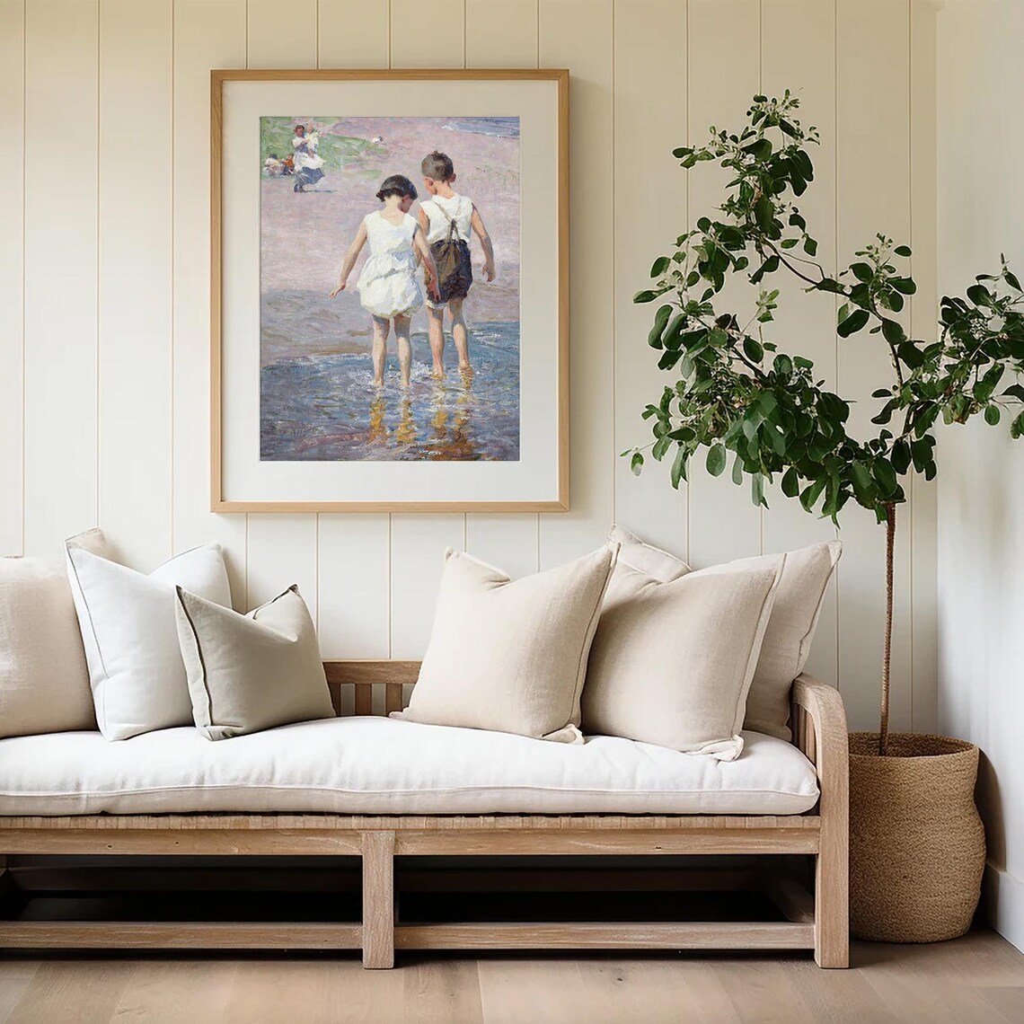 Two Children Wading at the Beach Vintage Summer Seaside Painting Poster - Image 3
