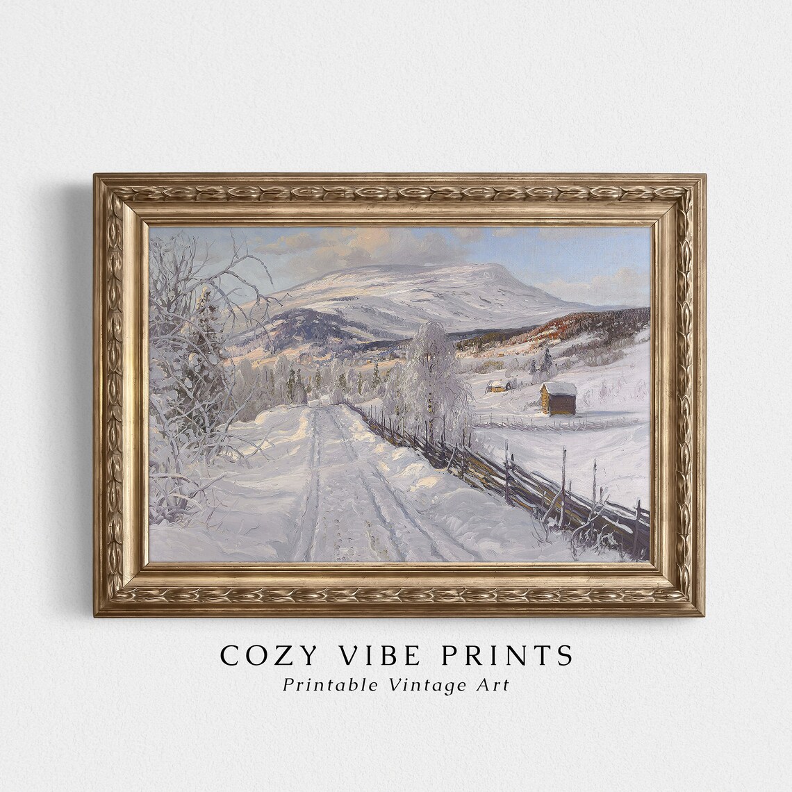 Snowy Mountain Road Farmhouse Vintage Winter Landscape Oil Painting Print - Image 4