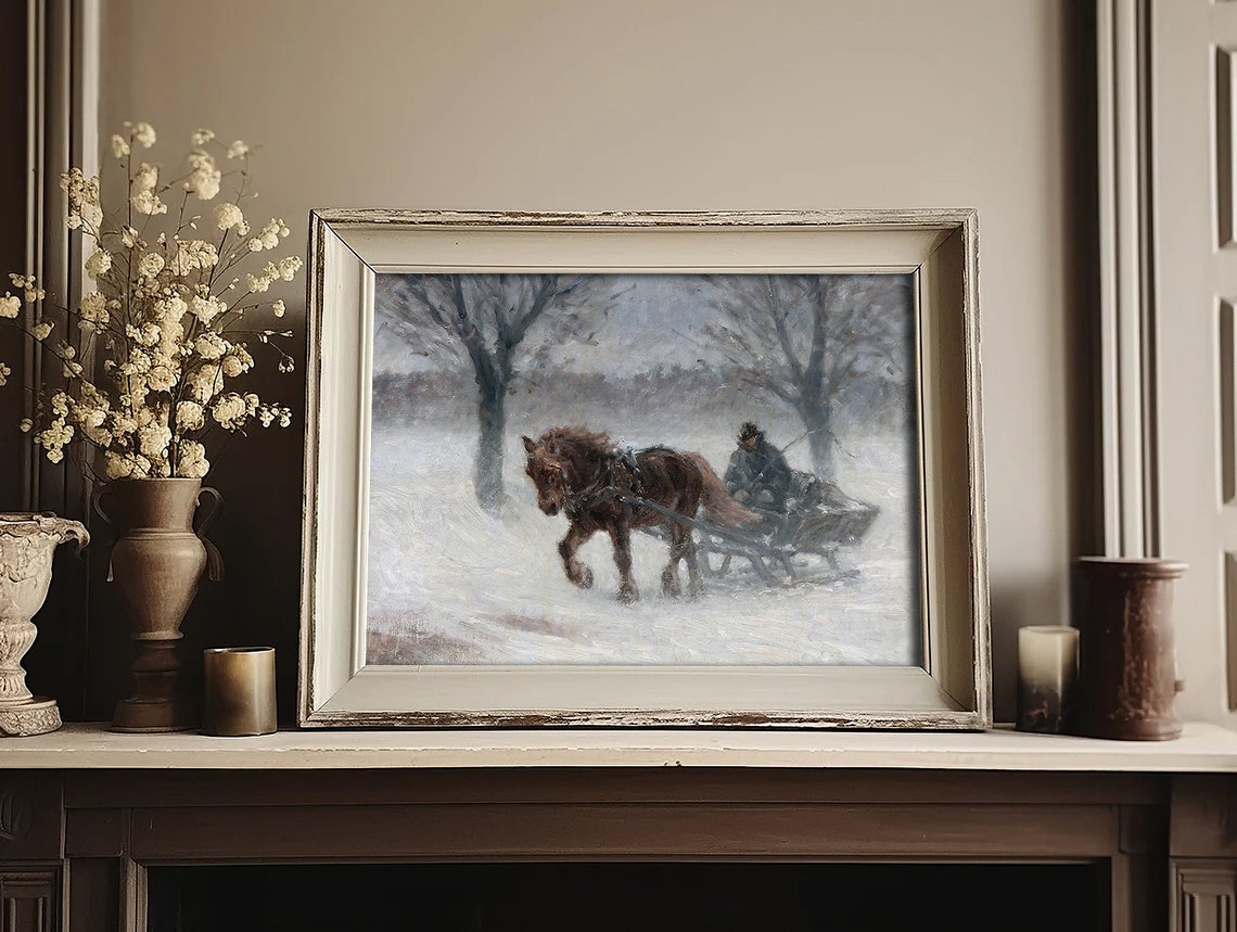 Snowy Winter Horse Sleigh Ride Painting Vintage Wall Art Cozy Farmhouse Print Country Christmas Holiday Decor - Image 4