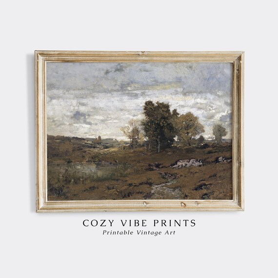 Vintage Moody Autumn Moor Landscape Earth Tone Oil Painting Poster