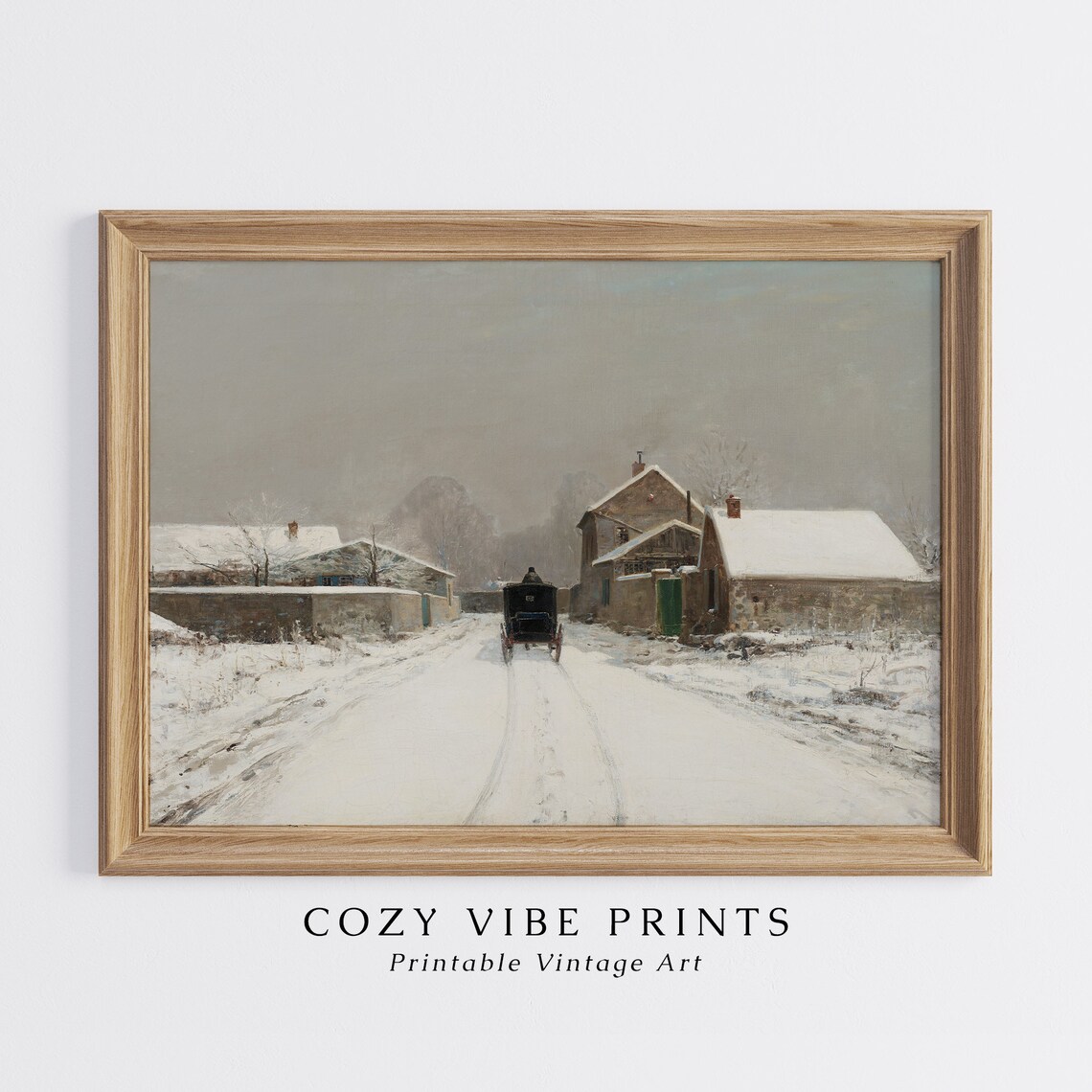 Vintage Horse Drawn Carriage On Snowy Village Street Winter Poster