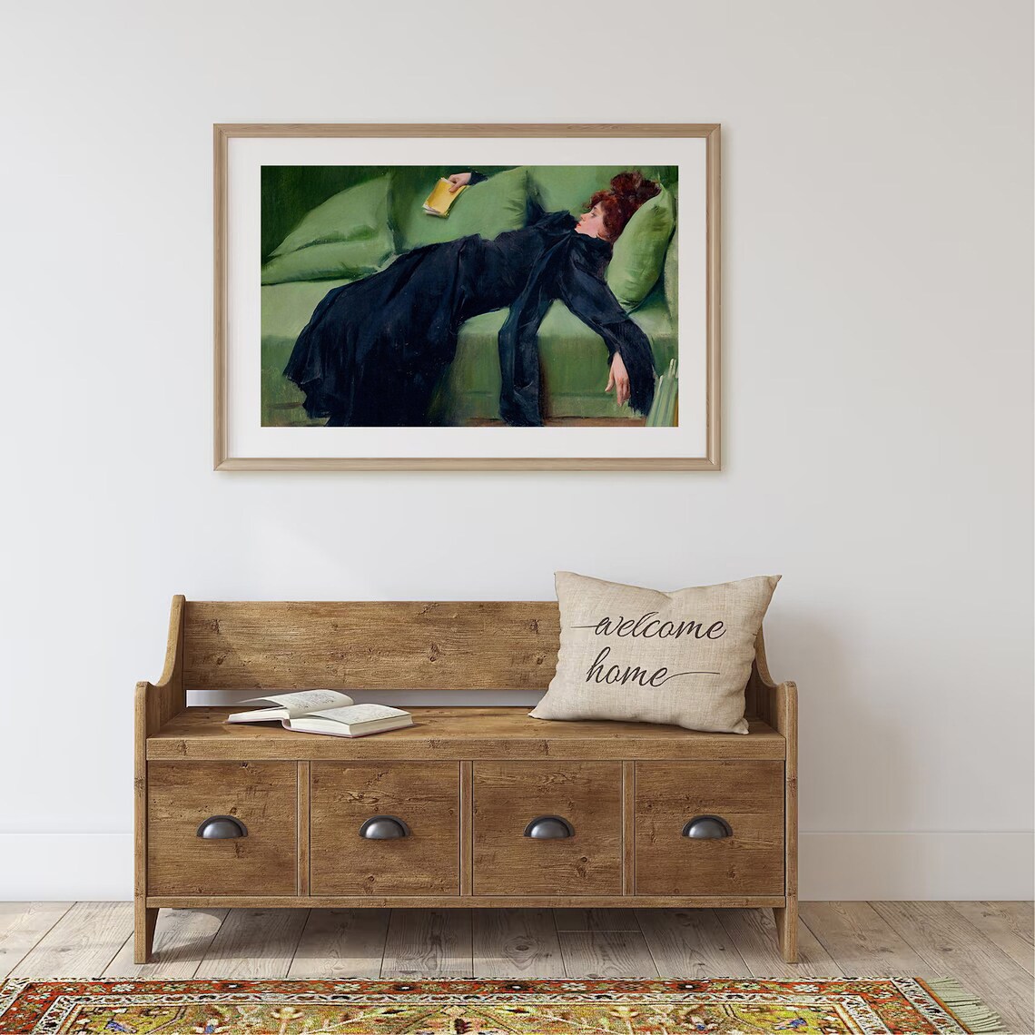 Vintage Woman In Black Gown Reclining On Green Chaise Oil Poster - Image 3
