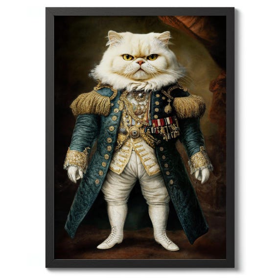 White Cat Portrait Print Vintage Animal Poster Wall Art Decor Funny Historic Design