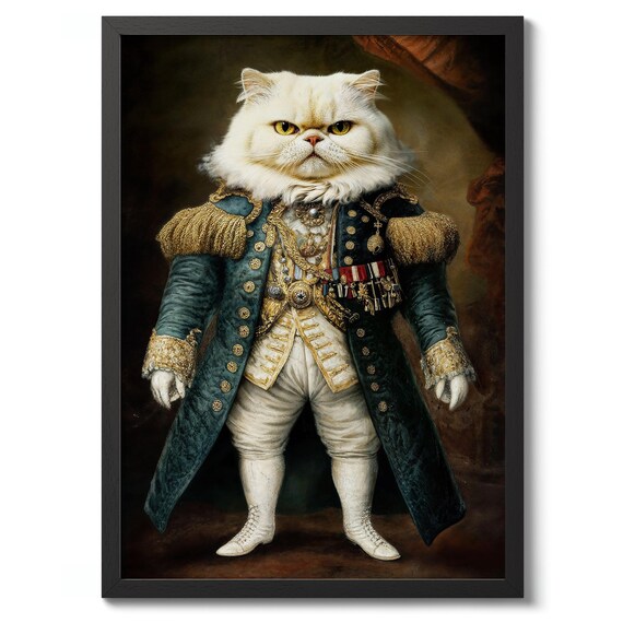 White Persian Cat in Admiral Uniform Funny Regal Portrait Poster