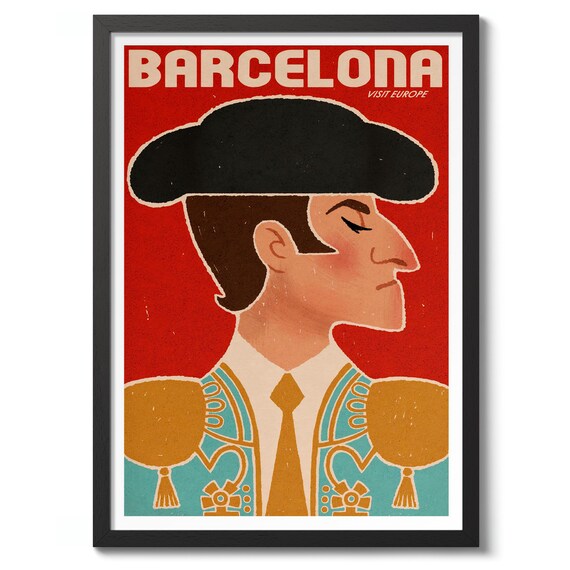 Barcelona Visit Europe Vintage Travel Matador Illustration Poster