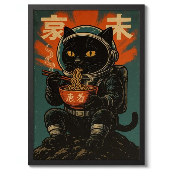 Astronaut Cat Eating Ramen Japanese Retro Anime Cat Graphic Poster
