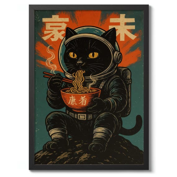Cosmic Ramen Cat Anime Print Japanese Poster Wall Art Decor Funny Noodle Gift