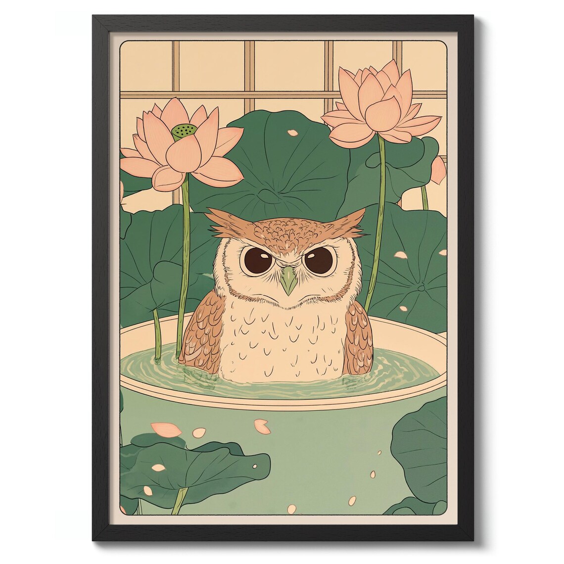 Bathing Owl Japanese Style Funny Woodblock Lotus Pond Animal Poster