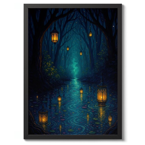 Mystic River Lanterns Enchanted Forest Anime Style Art Poster