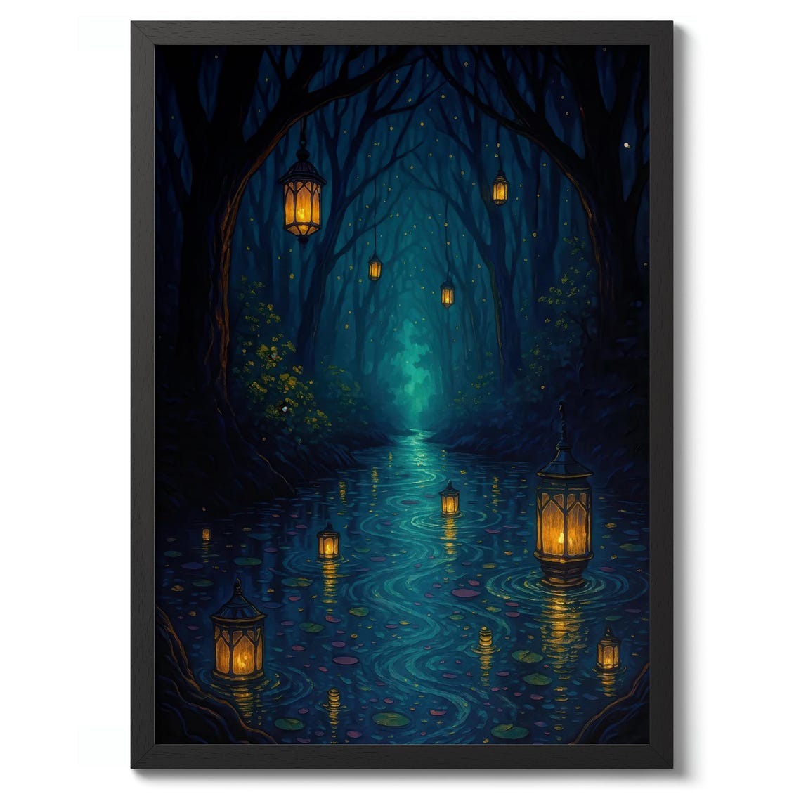 Mystic River Lanterns Enchanted Forest Anime Style Art Poster