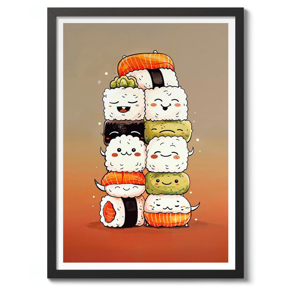 Happy Kawaii Sushi Stack Cute Japanese Food Illustration Poster