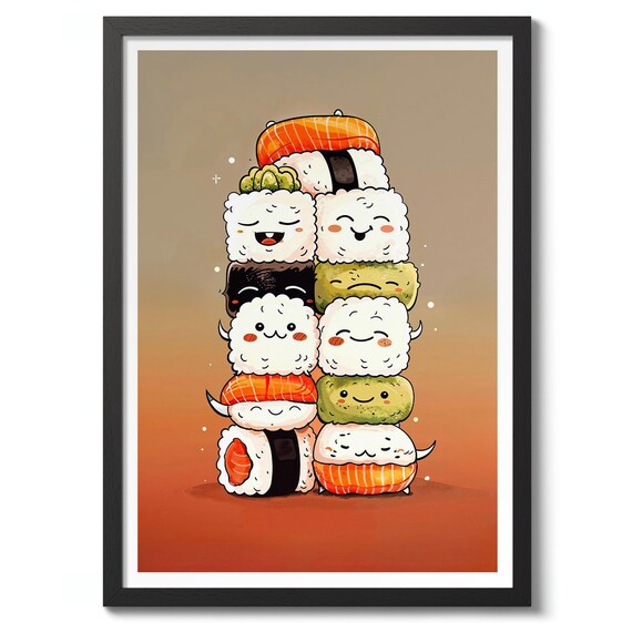 Happy Kawaii Sushi Stack Cute Japanese Food Illustration Poster
