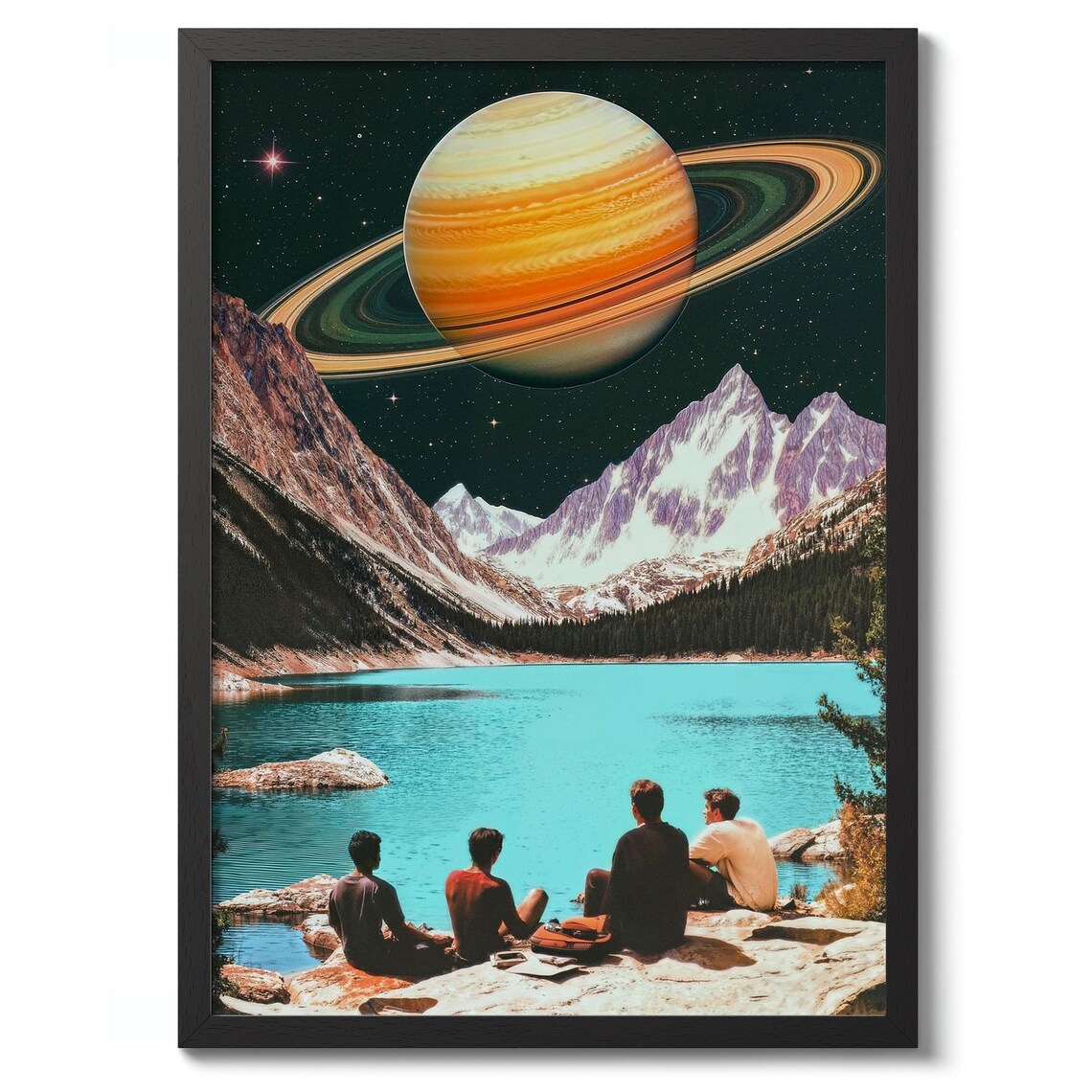 Friends Watching Saturn Rise Over Mountain Lake Surreal Art Print
