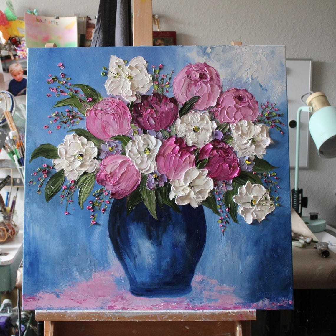 Pink and White Peonies in Cobalt Blue Vase Impasto Art Poster - Image 2