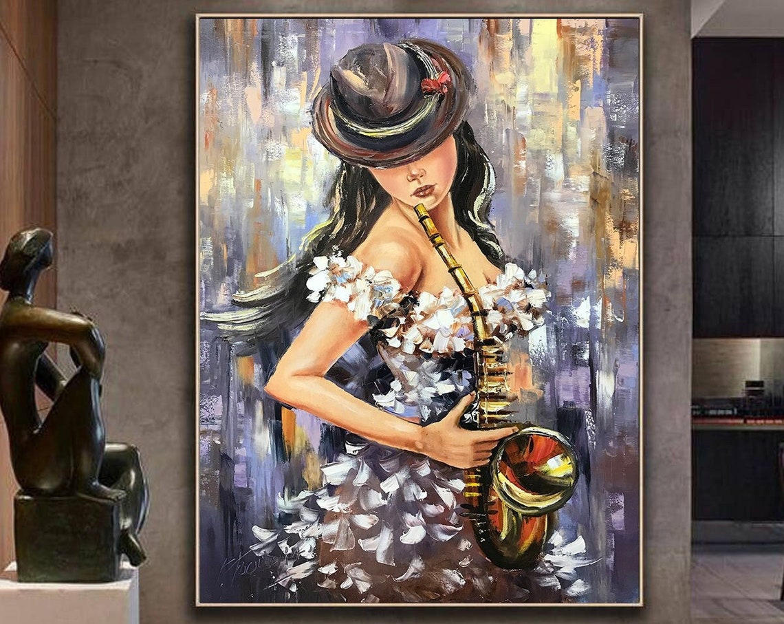 Woman In Hat Playing Saxophone White Floral Dress Jazz Music Poster