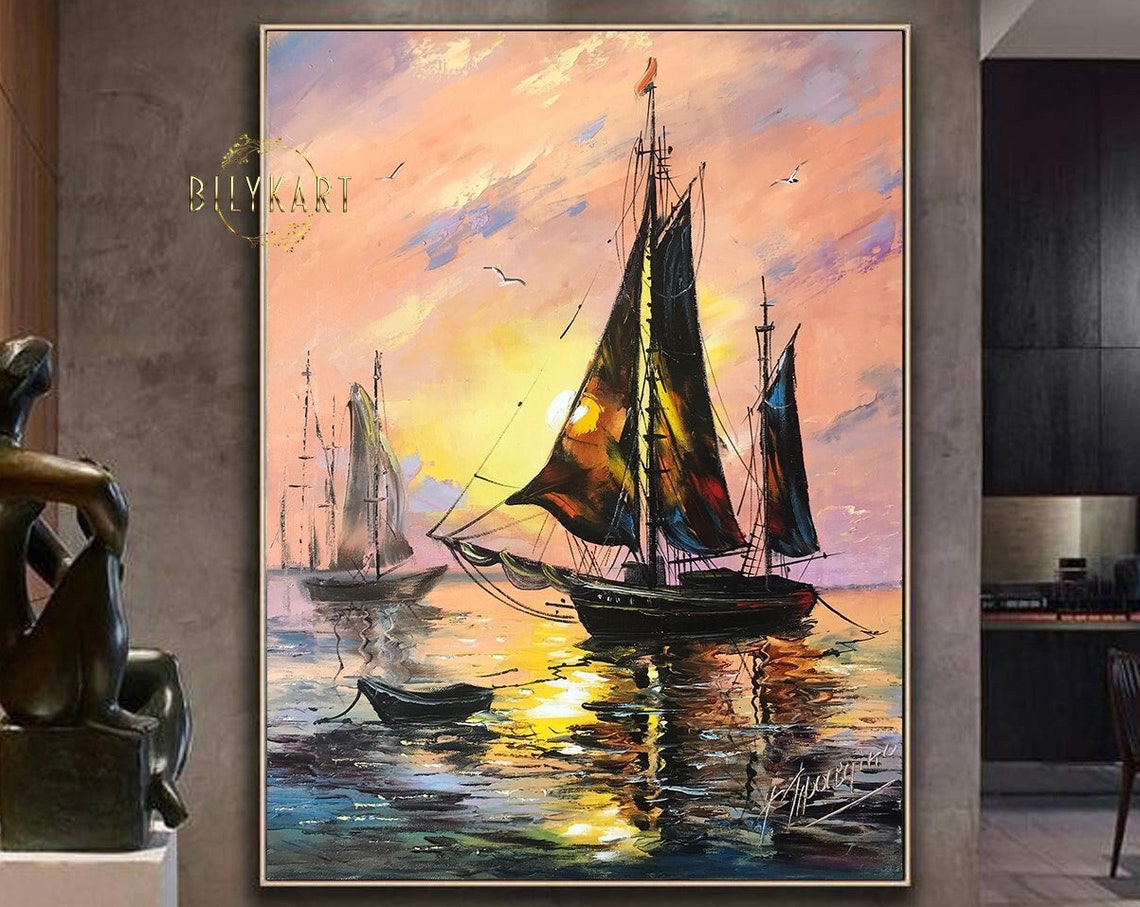 Sailing Ship Oil Painting Original Harbour Boat Painting On Lake House Decor Yacht Painting Boat Sunset Art Sailboat Painting - Image 3