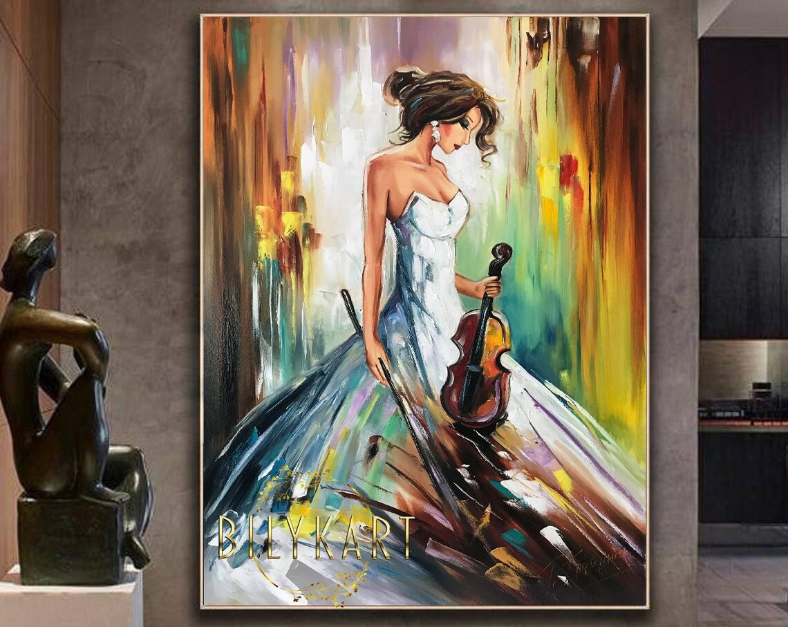 Elegant Violinist Blue Gown Abstract Oil Painting Music Wall Art Poster