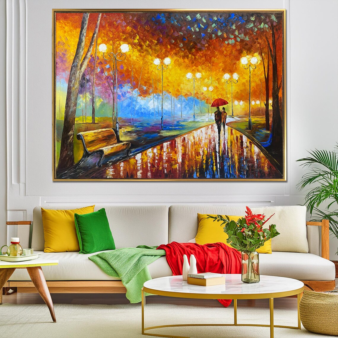 Couple Walking in Park, Autumn Rain Art Print - Image 3