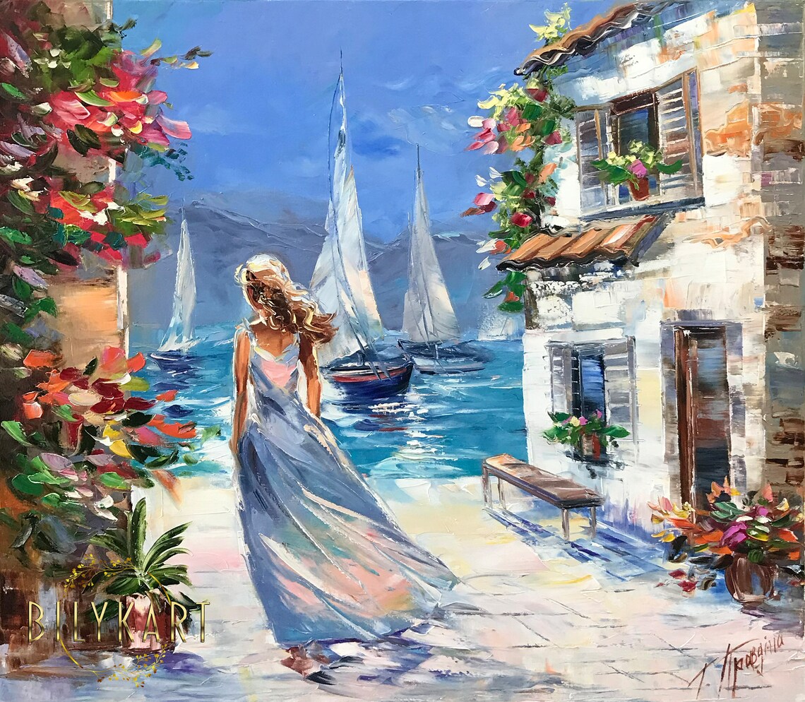 Girl At Beach, Santorini Greece Travel Poster