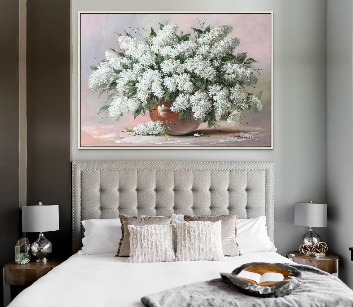 Lilac Flowers Oil Painting Original White Flowers In Vase Paintings On Lilac Art Still Life Painting Of Flowers In Vase Original Art - Image 3