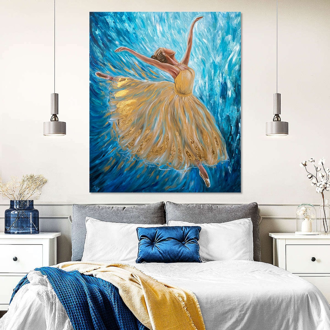 Ballerina Gold Dress Blue Swirl Background Elegant Dance Art Poster - Image 2