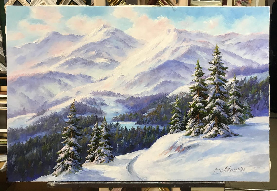 Swiss Alps Painting Original Snowy Mountains Painting Swiss Alps Art Colorado Painting Snowy Mountain Art Snowy Pine Trees Painting - Image 2