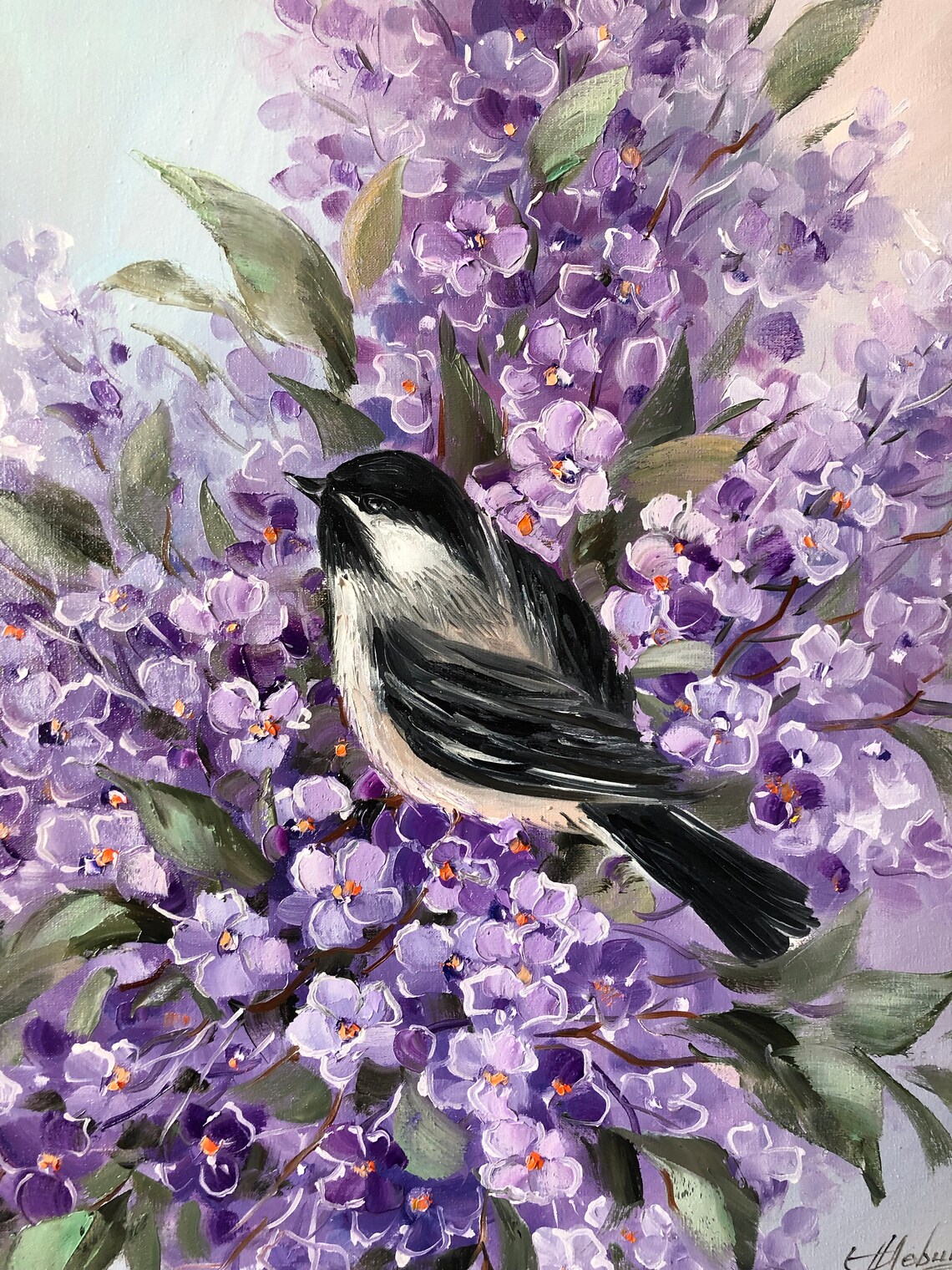 Bird in Tree, Purple Flowers Oil Painting Art Print - Image 2