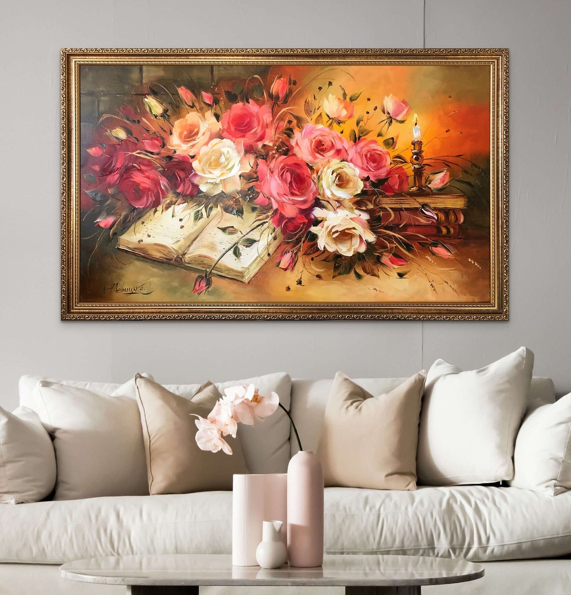 Vintage Roses Oil Painting Original Hand Painted Floral Art Classical Roses Painting Vintage Flowers Paintings Rose Flowers Wall Art - Image 3