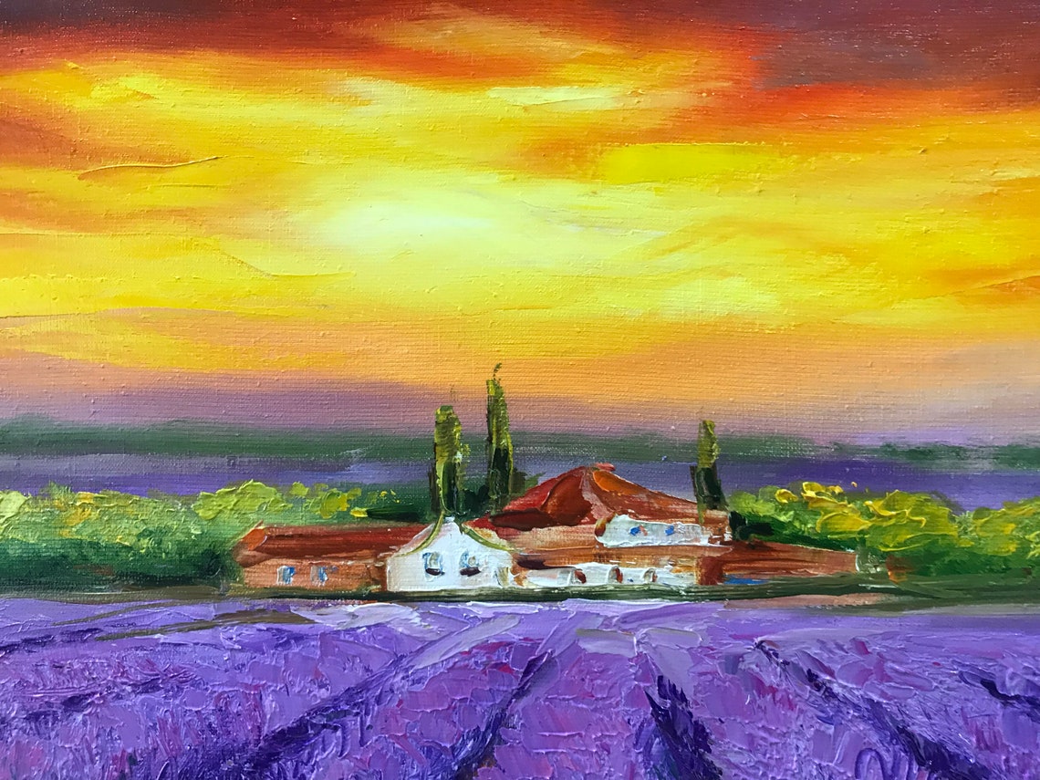 Tuscany Painting Original Italian Landscape Painting On Lavender Farm Wall Art Lavender Field Painting Sunset Italy Tuscan Paintings - Image 2