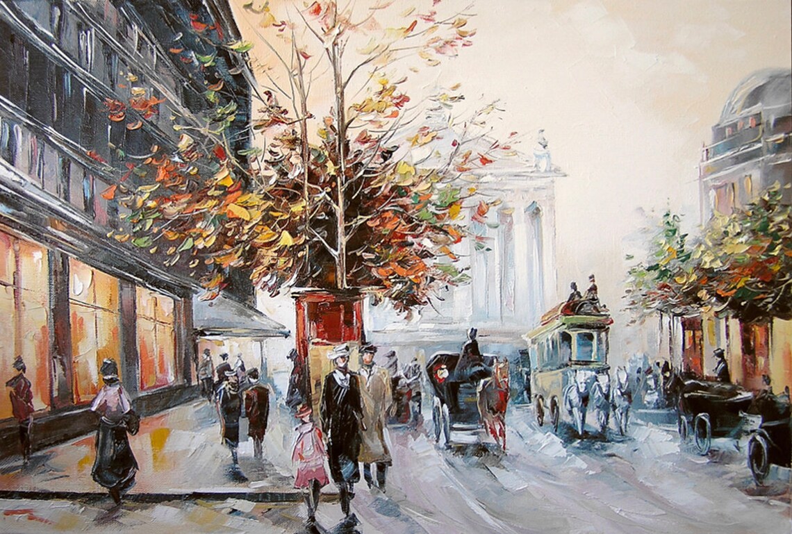 Victorian Era City Street Horse Carriages Autumn Vintage Travel Poster