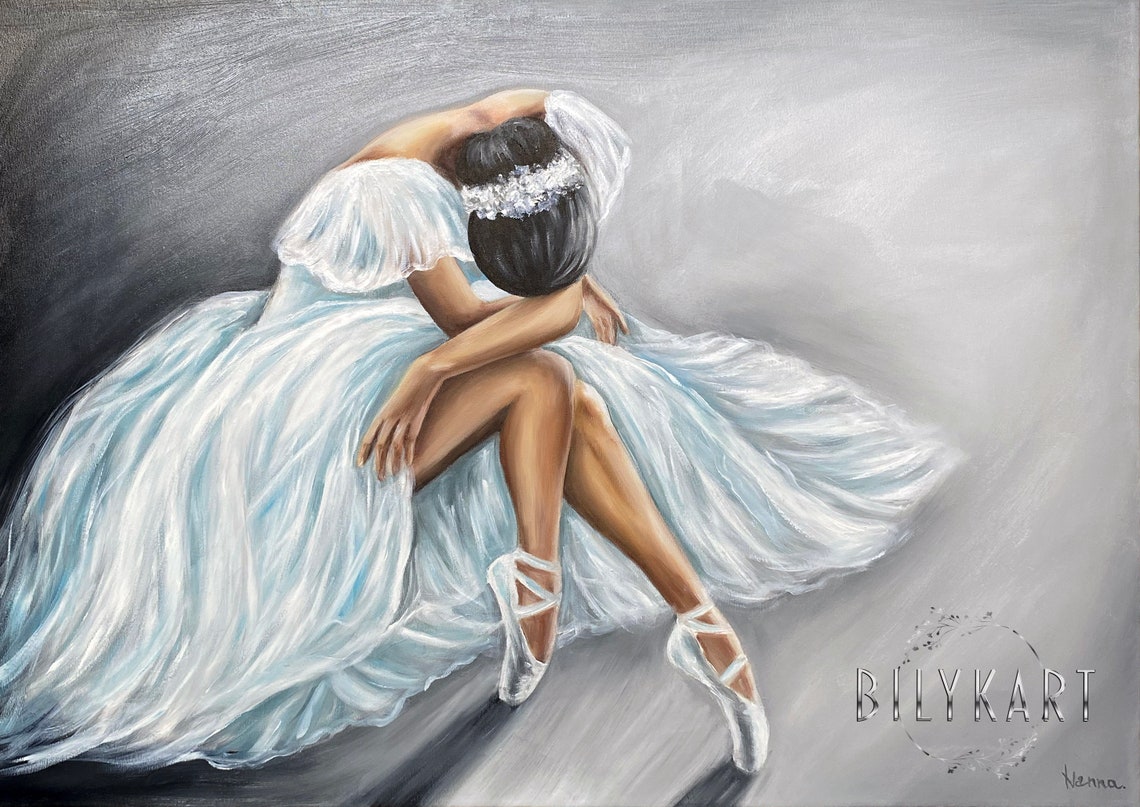 Ballerina Sitting On Floor Oil Painting Original Beautiful Woman Art Lady Artwork Hand Painted Girl In White Dress Painting On