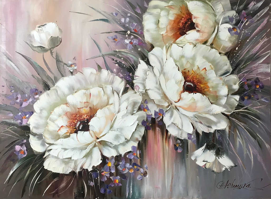 White Anemone Flowers Purple Accents Oil Painting Floral Art Poster