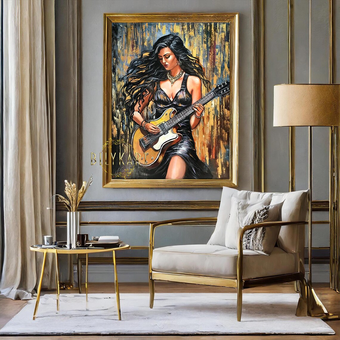 Woman Electric Guitar Rock Star Portrait Bold Gold Blue Oil Painting Poster - Image 2