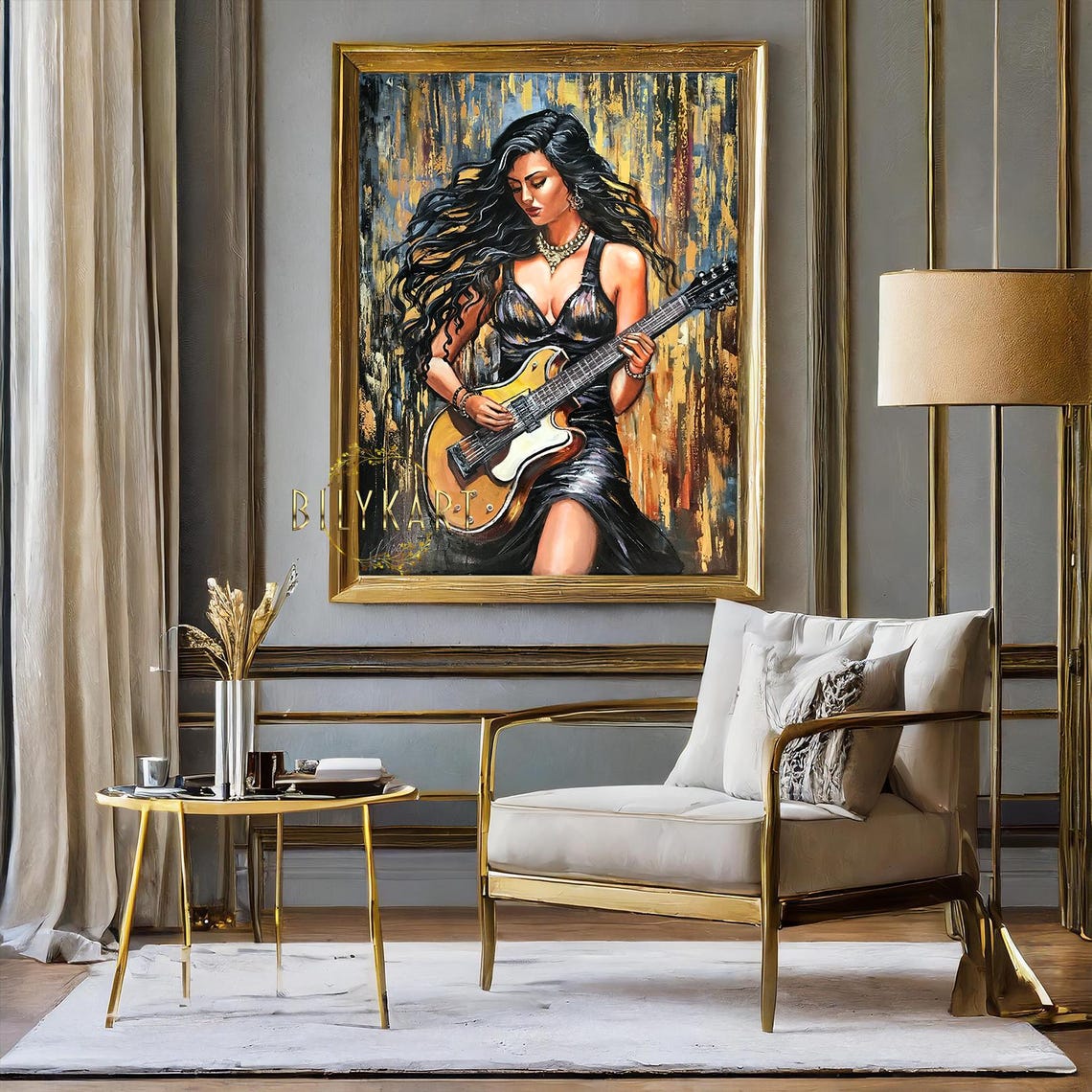 Woman With Guitar Painting Original Electric Guitar Art Guitarist Painting Abstract Guitar Art Girl With Guitar Painting Music Studio Decor - Image 2