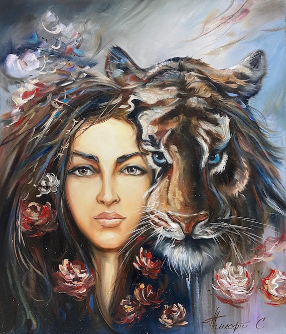 Woman And Tiger Face Portrait Floral Wild Animal Painting Print